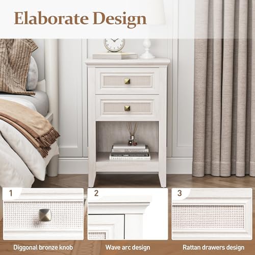 RoyalCraft Rattan Nightstand Set of 2 for Bedroom, Boho Bedside Table with 2 Drawers, Accent End Table with Open Storage Shelf, Wood Bedside Unit for Home Office, Grayish White