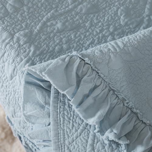 Brandream Dusty Blue Ruffled Quilted Throw Blanket Cotton 47 X 60 Blanket