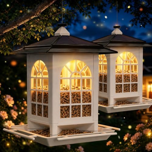 Birdream 2 Pack Solar Bird Feeders for Outdoors, Hanging Solar Wild Bird Seed, Assembly Required, 1-Min Easy Setup, Classic Courtyard Design, Attracting Cardinals Chickadees Sparrows, Total 7 LB