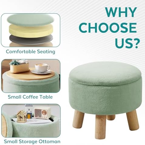 Small Foot Stool Ottoman with Storage, Soft Faux Fur Ottoman Foot Rest for Couch, Round Footstool with Storage, Small Ottomans and Footstools for Living Room and Entryway (Light Green)