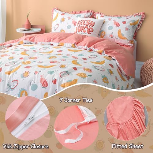 Simple&Opulence 100% Organic Cotton Duvet Cover for Kids Teens, 3 Piece Soft Cartoon Comforter Cover with Zipper Closure, Kawaii Girls Bedding Set - Colorful Fruits, Twin