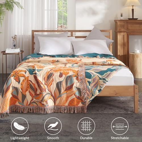 Bailix Boho Throw Blanket, 100% Cotton, Woven Floral Pattern, 60"x80"