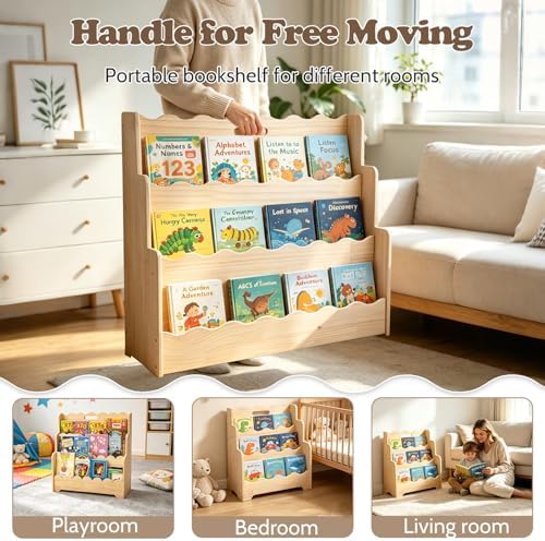 LINMAGCO Scalloped Kids Bookshelf, 3-Tier Montessori Toddler Bookcase, Front-Facing Book Organizer with Handle, Solid Pine Wood, Nursery Book Shelves for Bedroom Playroom Classroom & Reading Corner