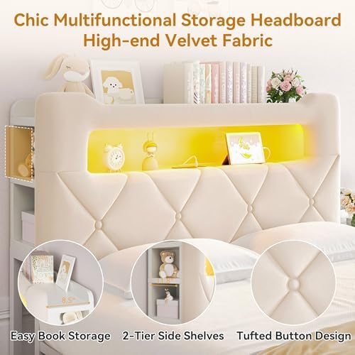 Queen Upholstered LED Bed Frame with 2 Storage Drawers and 2-Tier Storage Headboard,Velvet Princess Platform Bed with Charging Station&Bookcase,Heavy Duty Metal Support,No Box Spring Needed,Beige