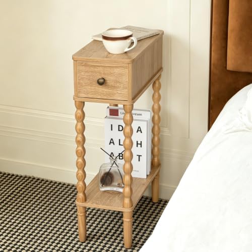 Fultyle Narrow End Table, Slim Small Side Table with Drawer and Open Shelf