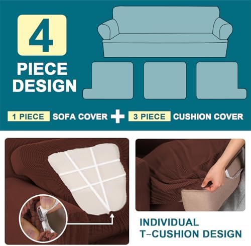 Turquoize 4 Piece T Cushion Sofa Slipcovers Stretch Couch Cover Furniture Covers with 3 Individual T Cushion Covers, Machine Washable (3 Cushion Sofa, Burnt Brick)