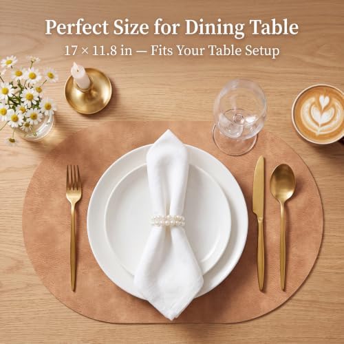 Oval Placemats Set of 12, Wipeable Faux Leather, Soft Apricot