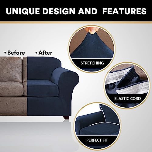 PrinceDeco Velvet Couch Cover Loveseat Covers for 2 Cushion Couch 3 Piece Sofa Covers for Dogs Washable Loveseat Covers Width Up to 72 Inch No Slip Stretch Sofa Slipcover(Medium, Navy)