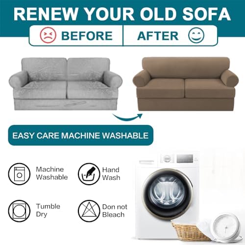 Turquoize 3 Piece T Cushion Loveseat Slipcovers Sofa Cover for 2 Cushion Couch Cover Washable Sofa Slipcover Furniture Covers with 2 Individual T Cushion Seat Covers (2 Cushion Loveseat, Macchiato)