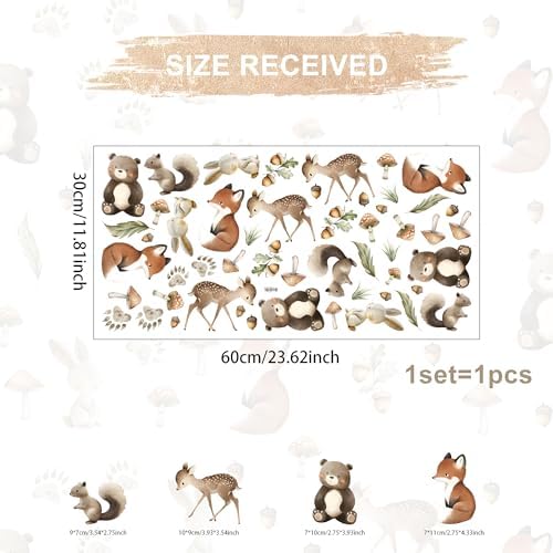 Woodland Animal Wall Stickers,Adorable Woodland Nursery Decals Decor,Animals Bear, Fox, Deer, Mushroom Peel and Stick Wall Decals ，Baby Nursery Kids Bedroom Living Room Decor