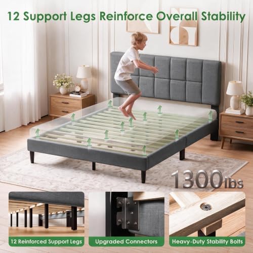 Marsail Upholstered Queen Bed Frame with Headboard, Modern Grey Bed Frame