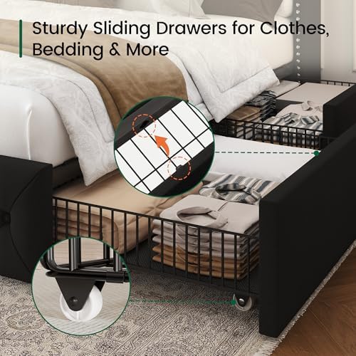 LARMACE King Size Bed Frame with LED Lights and 4 Storage Drawers Velvet Upholstered Platform Bed Frame with 47.2" Tall Tufted Headboard Wingback, No Box Spring Needed, Easy to Assemble, Black