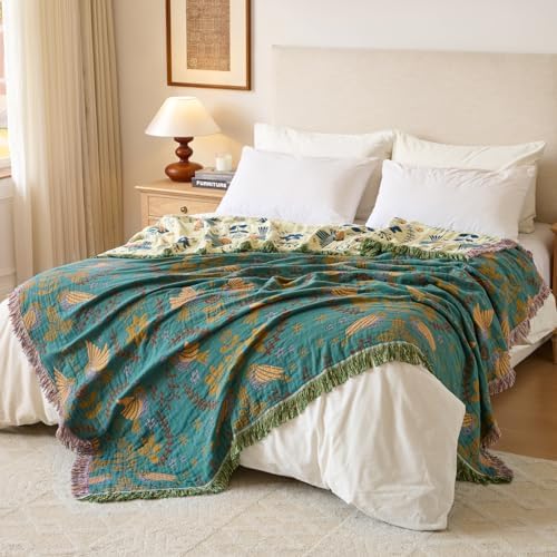 Boho Throw Blanket, 100% Soft Cotton Floral Quilt, King 90"x 98"