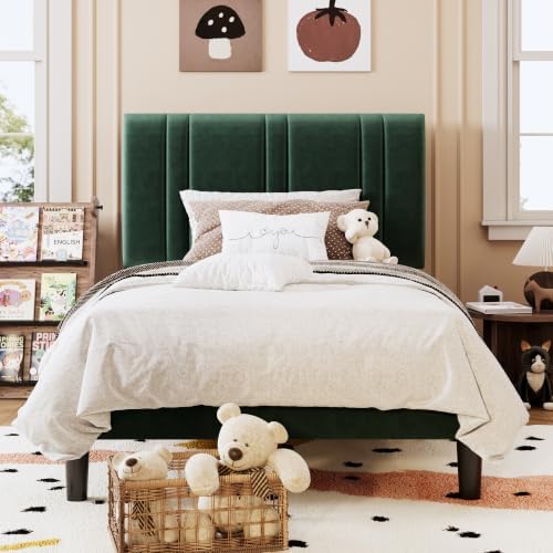 SHA CERLIN Twin Size Velvet Bed Frame with Adjustable Headboard, Green