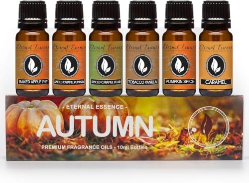Eternal Essence Oils Autumn Set of 6 Premium Fragrance Oils - Includes Pumpkin Spice, Baked Apple Pie, Salted Caramel Pumpkin, Spiced Caramel Pear, Tobacco Vanilla and Caramel Scented Oils - 10ML
