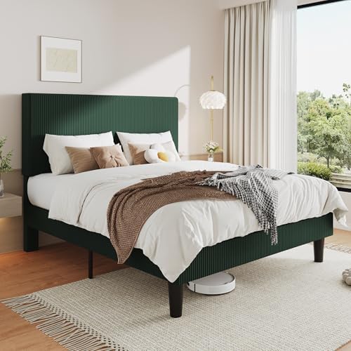 Allewie Queen Bed Frame, Corduroy Tufted Headboard, Dark Green
