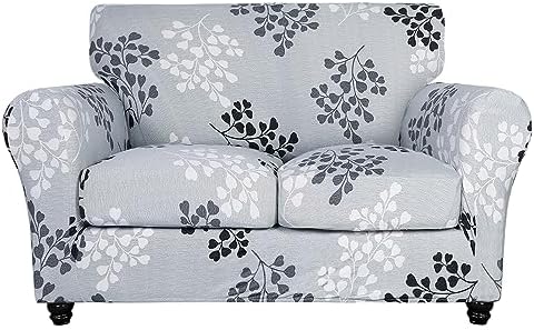 SearchI Stretch Sofa Cover Printed Couch Cover, Floral Pattern 3 Pieces Loveseat Slipcover with 2 Separate Cushion Cover, Washable Furniture Protector for Living Room(Loveseat, Leaf Pattern)