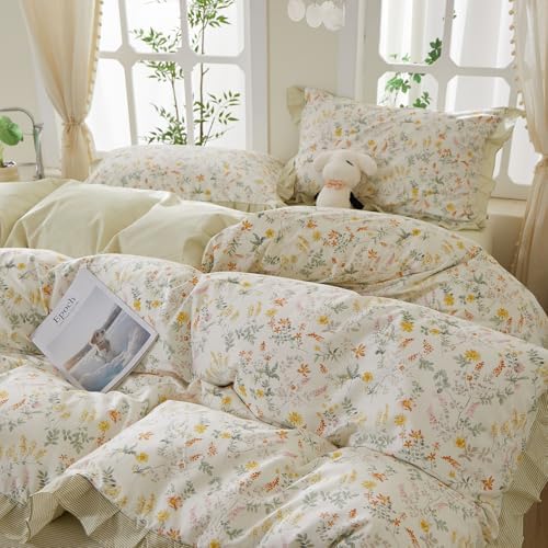 Vintage Floral Duvet Cover Set Twin XL - 3 Piece Ruffle Lace Bedding Set, 100% Cotton Aesthetic Coquette Duvet Cover, Botanical Flower Cottagecore Comforter Cover Green Striped Bedding Set Twin XL