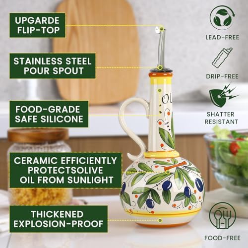 18 oz Ceramic Olive Oil Dispenser Bottle for Kitchen, Large Capacity Oli and Vinegar Cruet with Stainless Steel Spout, 540 ml Oil Container with Handle for Cooking Preventing, Vinegar Cruet