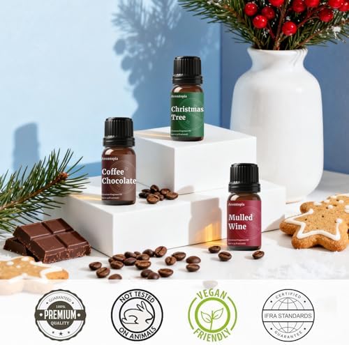 Fragrance Oil Holiday Set, Aromtopia Essential Oils for Candle Soap Making, 6x10ml, Diffuser Oils Scents, Winter Fragrance Oils, Christmas Tree, Coffee Chocolate, Black Cherry, More