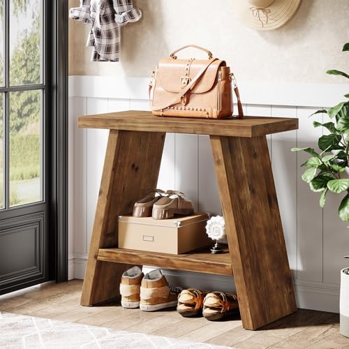 Solid Wood End Table for Living Room, Narrow Small Side Table with 2-Tier Storage, Farmhouse Bedside Nightstand for Bedroom, Small Places, Rustic Brown (1PCS)