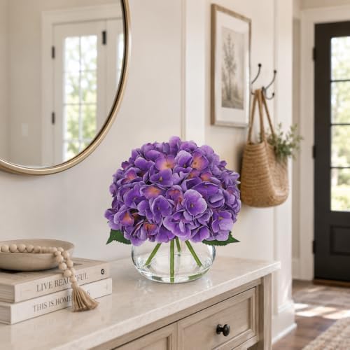 Hollyone Real Touch Hydrangea with Glass Vase Purple Full Latex Hydrangeas Artificial Flowers in Vase Lifelike Bouquets Floral Arrangements with Faux Water for Wedding Table Centerpiece Indoor Decor