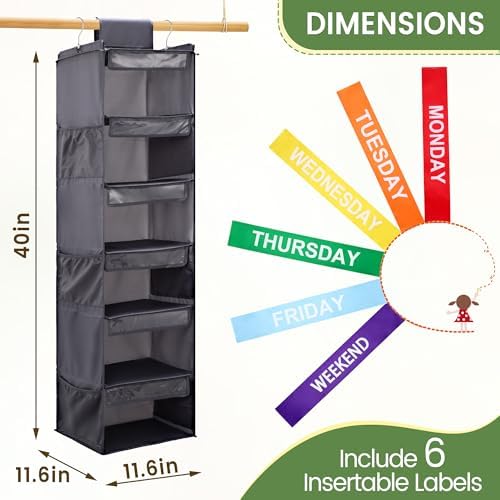 2 Pack 6-Shelf Weekly Clothes Organizer for Kids, Hanging Daily Closet Organization with 6 Side Pockets, Days of The Week Clothing Divider Storage for Boys and Girls (Grey)