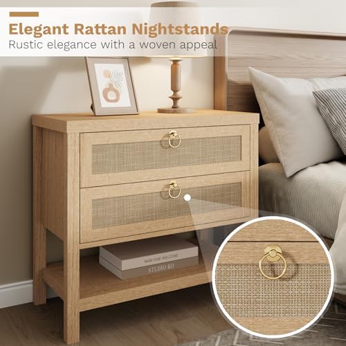 Eclatara Large Rattan Night Stand Set of 2: Boho Nightstand with Drawers and Storage Shelf, Natural Oak Bedside Table End Table Side Table for Bedroom(Natural Oak,2 Pieces)