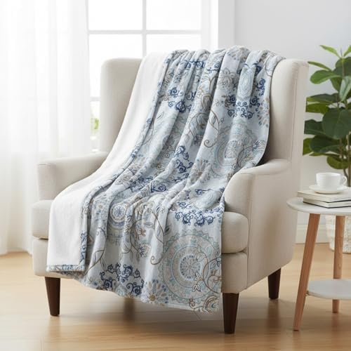 Neasow Teal Fleece Throw Blanket, Light Blue Paisley Design Floral Cozy Decor Nap Blankets for Sofa Bed Couch Chair or Dorm Throws 50×60 inches