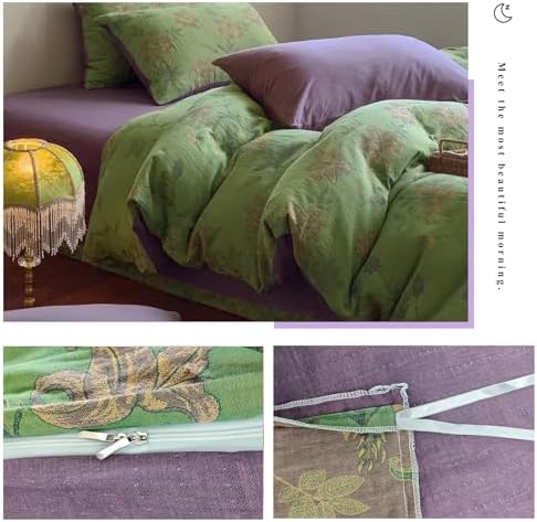 Retro Flower Duvet Cover King,3Pcs Yarn-Dyed French Linen Jacquard Duvet Cover Set Mint Green Purple Bedding Set for Girls Women Without Comforter