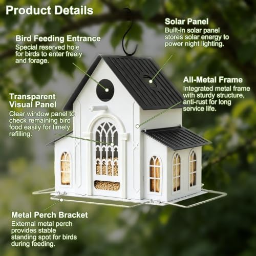 Solar Bird Feeder, Large Hanging Metal Bird House Feeder with Solar LED Lights, Waterproof Large Capacity Decorative Bird Feeder for Garden Backyard, for Bird Lovers & Gardeners