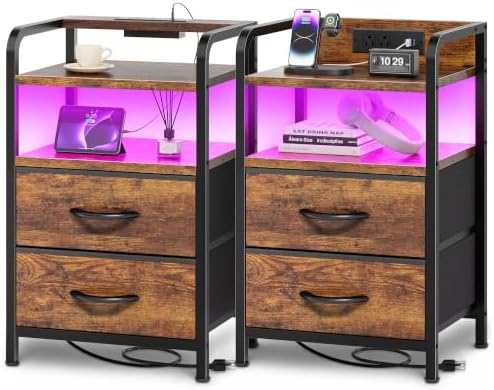 Huuger Nightstands Set of 2, Night Stand with LED Lights, Charging Station