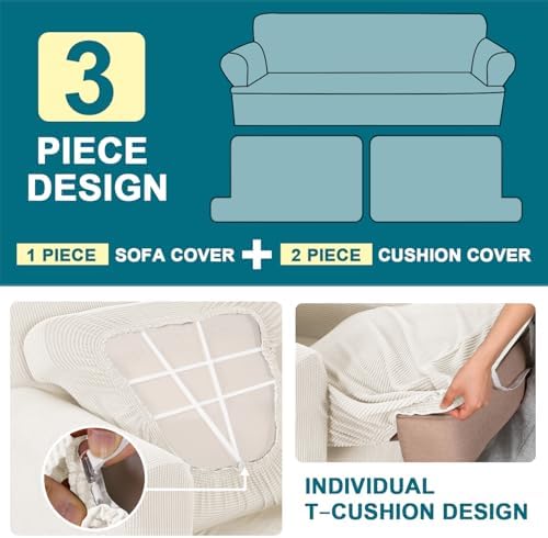 Turquoize 3 Piece T Cushion Loveseat Slipcovers Sofa Cover for Living Room Washable Sofa Slipcover Furniture Covers with 2 Individual T Cushion Seat Covers (2 Cushion Loveseat, Porcelain White)