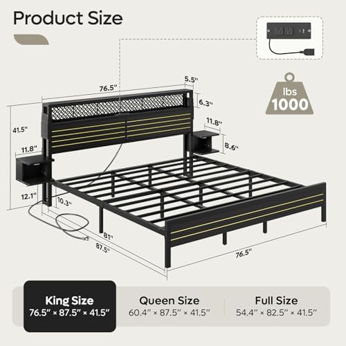 Bestier King Bed Frame with Horizontal Golden Stripe Storage Headboard&LED Nightstands, Metal Platform Bed with Charging Station, Heavy Duty Metal Slats, No Box Spring Needed, Noise Free(Matte Black)