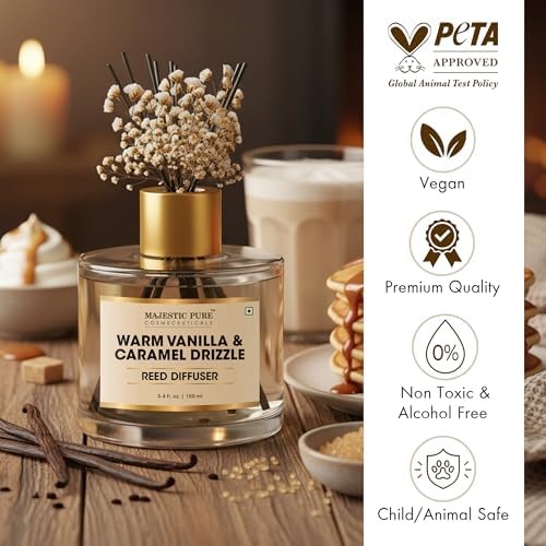 Majestic Pure Warm Vanilla & Caramel Drizzle Reed Diffuser for Home, Bathroom & Office | Natural Aromatherapy Air Freshener & Room Fragrance, with Reed Sticks & Dried Flowers 3.4 fl oz