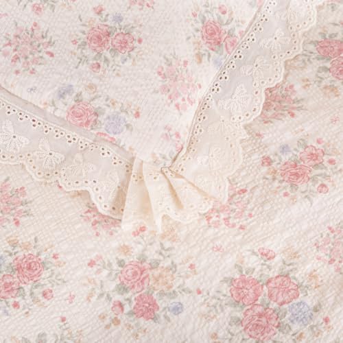 Floral Duvet Cover Queen Pink Flower Bowknot Lace Ruffle Duvet Cover Set Country Vintage Farmhouse Bedding Set for Girls Kids Textured Seersucker Reversible Comforter Cover 3 Pcs