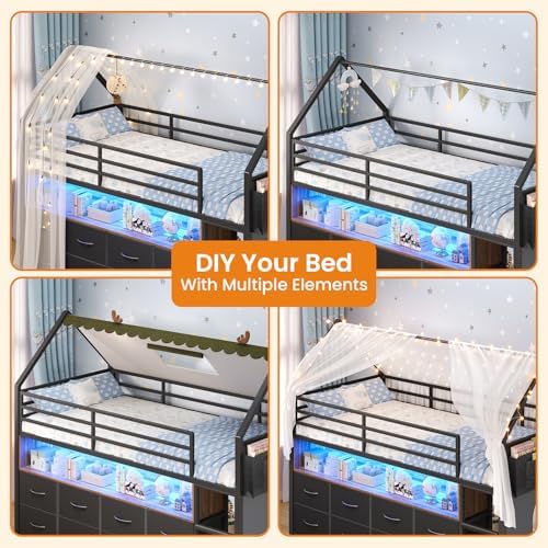 Low Loft Bed Twin Size with 8 Storage Drawers, LED House Loft Bed