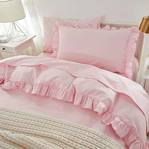 Brandream Kid's Duvet Cover Twin/Twin XL Size,100% Organic Cotton 2pcs Girl Bedding Duvet Cover Set, Ruffled Fringe Solid Color Breathable Soft with Zipper Closure & Corner Ties(Pink)