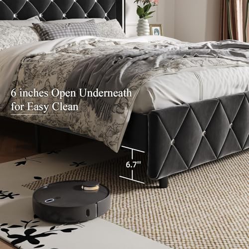 HOMBCK King Bed Frame with Velvet Headboard, Silverside Wingback, Black