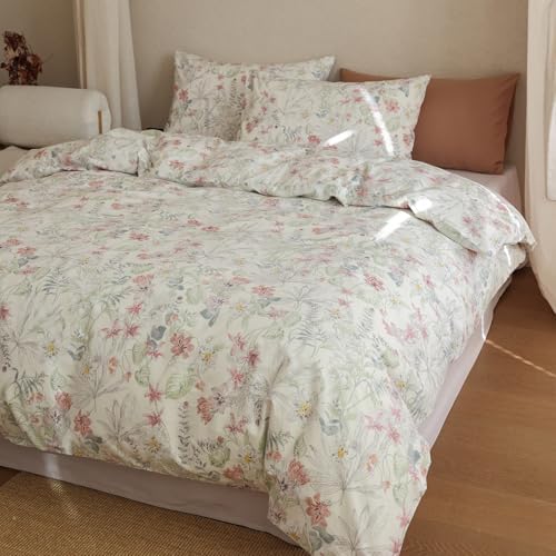 HighBuy Garden Duvet Cover Queen Floral Bedding Set Shabby Chic Boho Cotton Duvet Cover Queen Size Comforter Cover Set for Women Girls,Vintage Pink Floral,Soft and Breathable