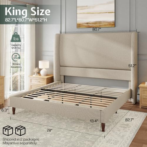 Jocisland King Size Bed Frame Tall Wingback Headboard Upholstered, Brown
