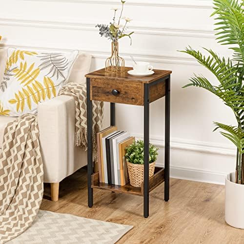 HOOBRO Tall End Table, Industrial Side Table with Drawer and Storage Shelf