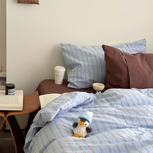 AOJIM Sky‑Blue & Warm‑Taupe Striped Duvet Cover Twin XL 3Pcs Retro Bedding