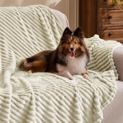 BEDELITE Ribbed Jacquard Beige Fleece Throw Blanket for Couch, 50x70 Inch