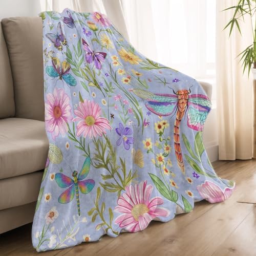 Floral Insect Blanket Lightweight Blankets Gifts for Women Flannel Throw with Colorful Flower Butterfly and Dragonfly Printed for Sofa, Bed, Travel, Picnic, Spring Decor Throws 50x40 Inch