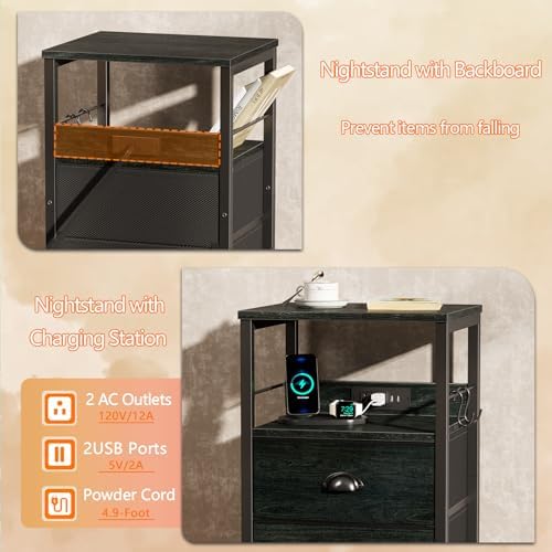 Furologee Nightstands Set of 2 with Charging Station, 2 Fabric Drawers