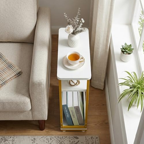 Narrow Side Table,3-Tier Slim End Table with Storage Shelf,Modern Sofa Table Thin Side Table for Small Spaces, Skinny Bedside Table Small Nightstand with Magazine Rack Space Saving/White+Gold