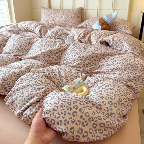 Leopard Duvet Cover Set Queen,Muslin Cotton,Nude Beige Pink