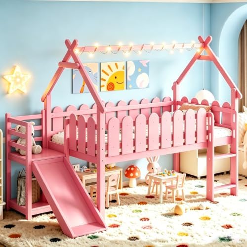 Bellemave Low Loft Bed Twin with Slide and Lights Strip for Kids, Pink