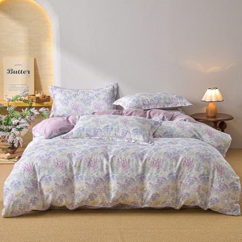 Gauze Full Size Duvet Cover Set 3 Pcs 100 Cotton,1 Full Duvet Cover with 2 Pillowcases,Purple Floral Double Layer Muslin Bedding Set,Soft Comfy Breathable Quilt Covers for Women 80"×90"